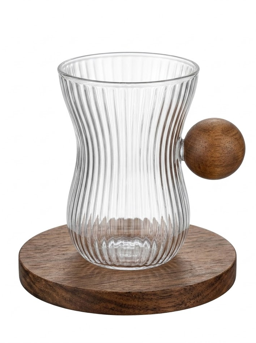 Koffiemok van helder hoog borosilicaatglas met houten handvat, klassiek design