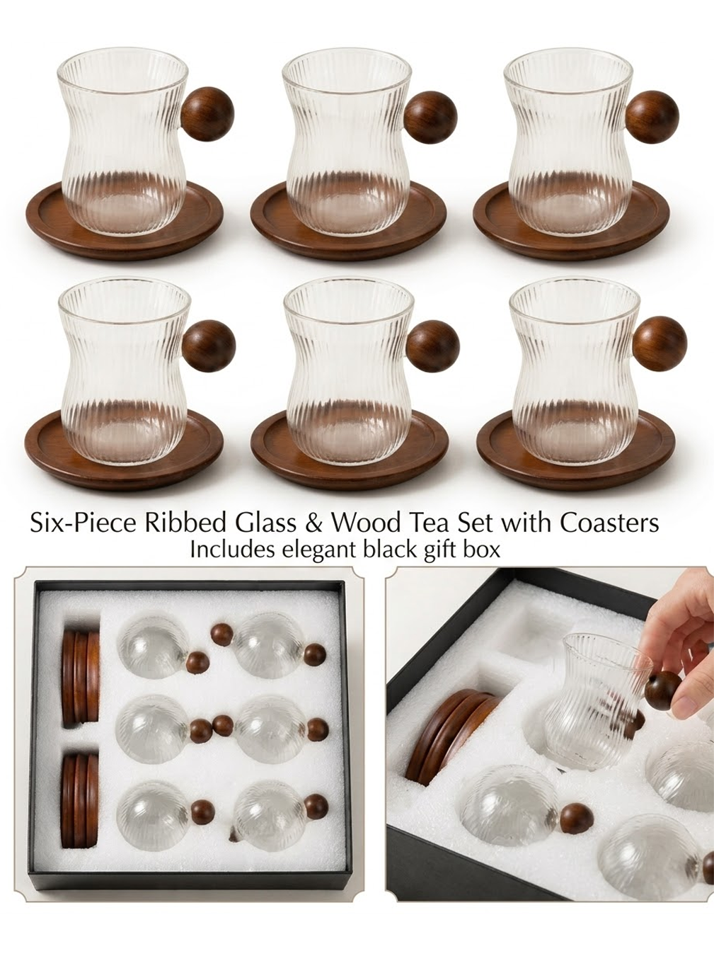 Koffiemok van helder hoog borosilicaatglas met houten handvat, klassiek design